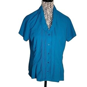 CROFT &‎ BARROW Blue Short Sleeve Button Down Top Pleated Shawl Collar Blouse